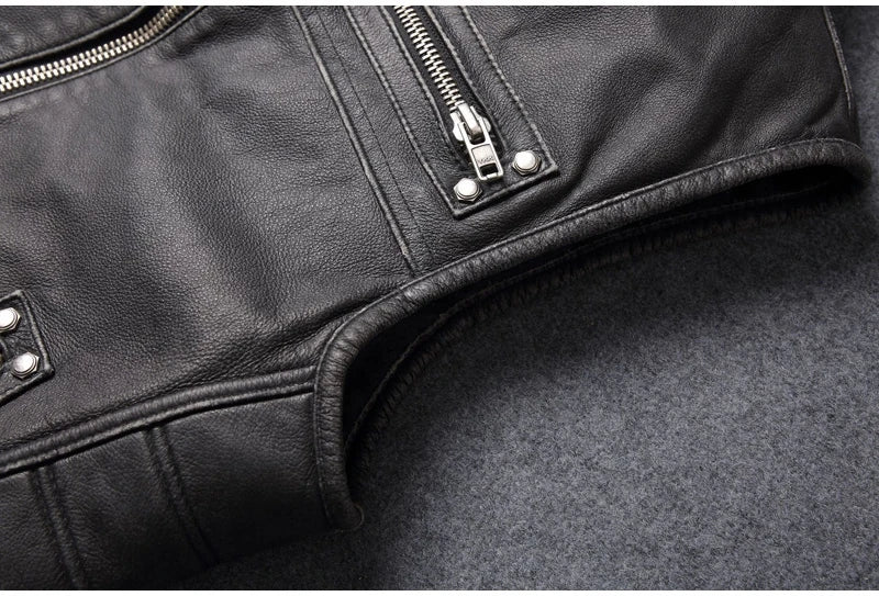 Black Four Seasons Leather Vest Men Vintage Style Plus Size 4XL Genuine Natural Cowhide Stand Collar Rivets Vest