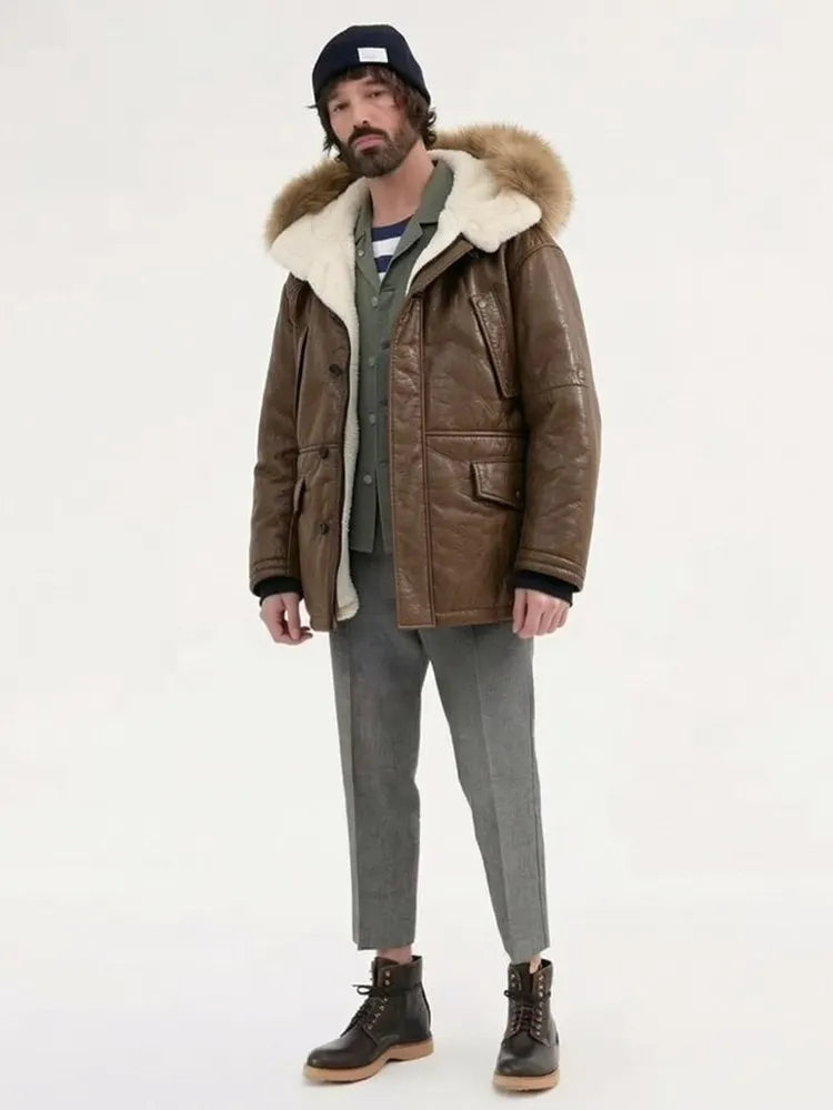 Brown Hooded Winter Shearling Jacket Men Casual Style Plus Size 5XL Genuine Natural Sheepskin Thick Warm Leather Coat