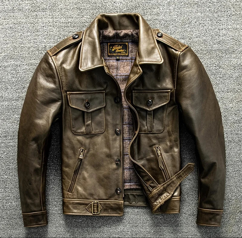 Light Green Autumn Leather Jacket Men Vintage Style Plus Size 4XL Genuine Natural Thick Cowhide Turn-Down Collar P37 Pilot Coat