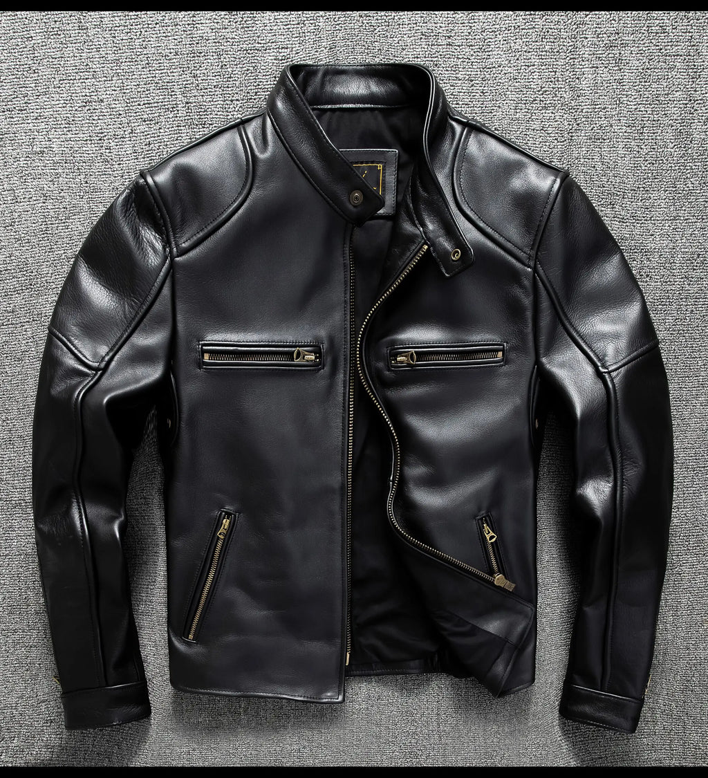 Black Autumn Leather Jacket Men Retro Style Plus Size 6XL Genuine Natural Cowhide Stand Collar J100 Motorcycle Sports Coat