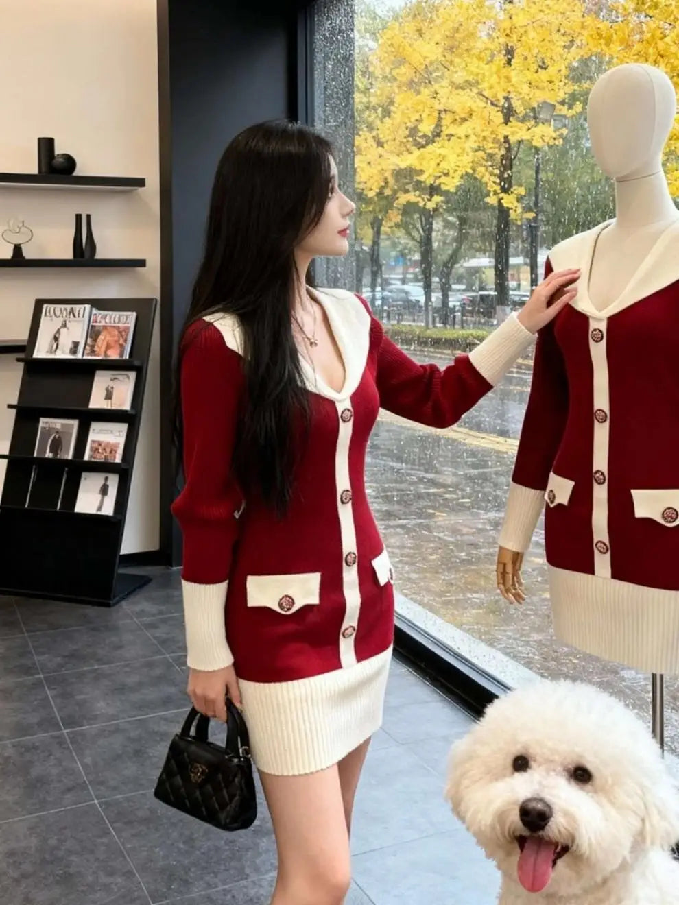 Elegant Knitted Wrap Dress Hepburn Style High Collar Button Slim Fit mid Length Polyester Fabric Commute Style Long Sleeve