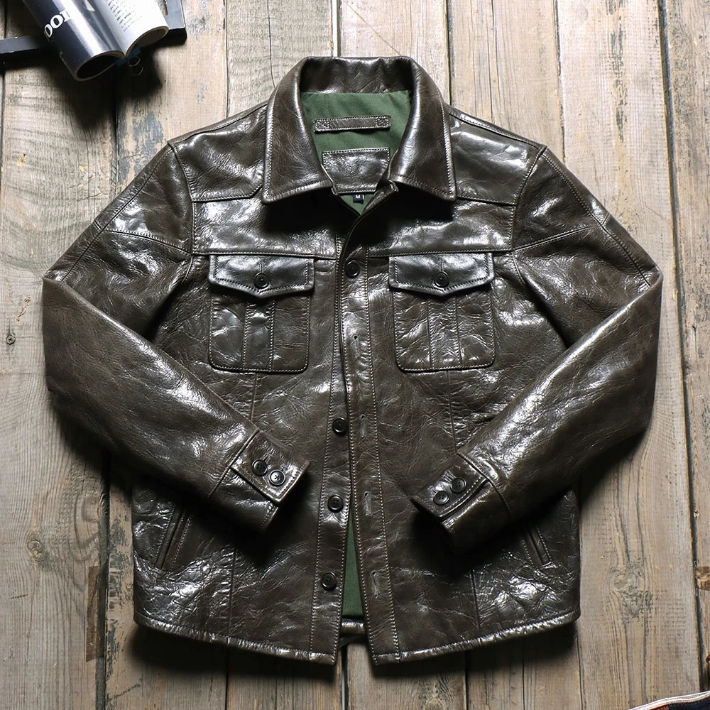 Dark Green Spring Leather Shirt Men Casual Style Plus Size 5XL Genuine Natual Sheepskin Turn-Down Collar Single Breasted Coat
