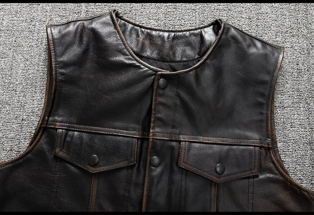 Red Brown Spring Leather Vest Men Retro Style Plus Size 6XL Genuine Natural Cowhide O-Neck Collar Slim Fit Short Sleeveless Coat