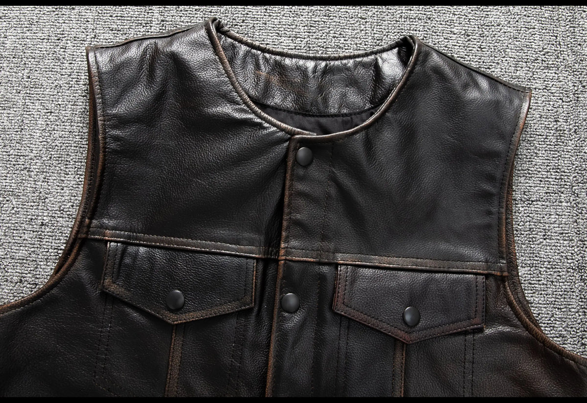 Red Brown Spring Leather Vest Men Retro Style Plus Size 6XL Genuine Natural Cowhide O-Neck Collar Slim Fit Short Sleeveless Coat