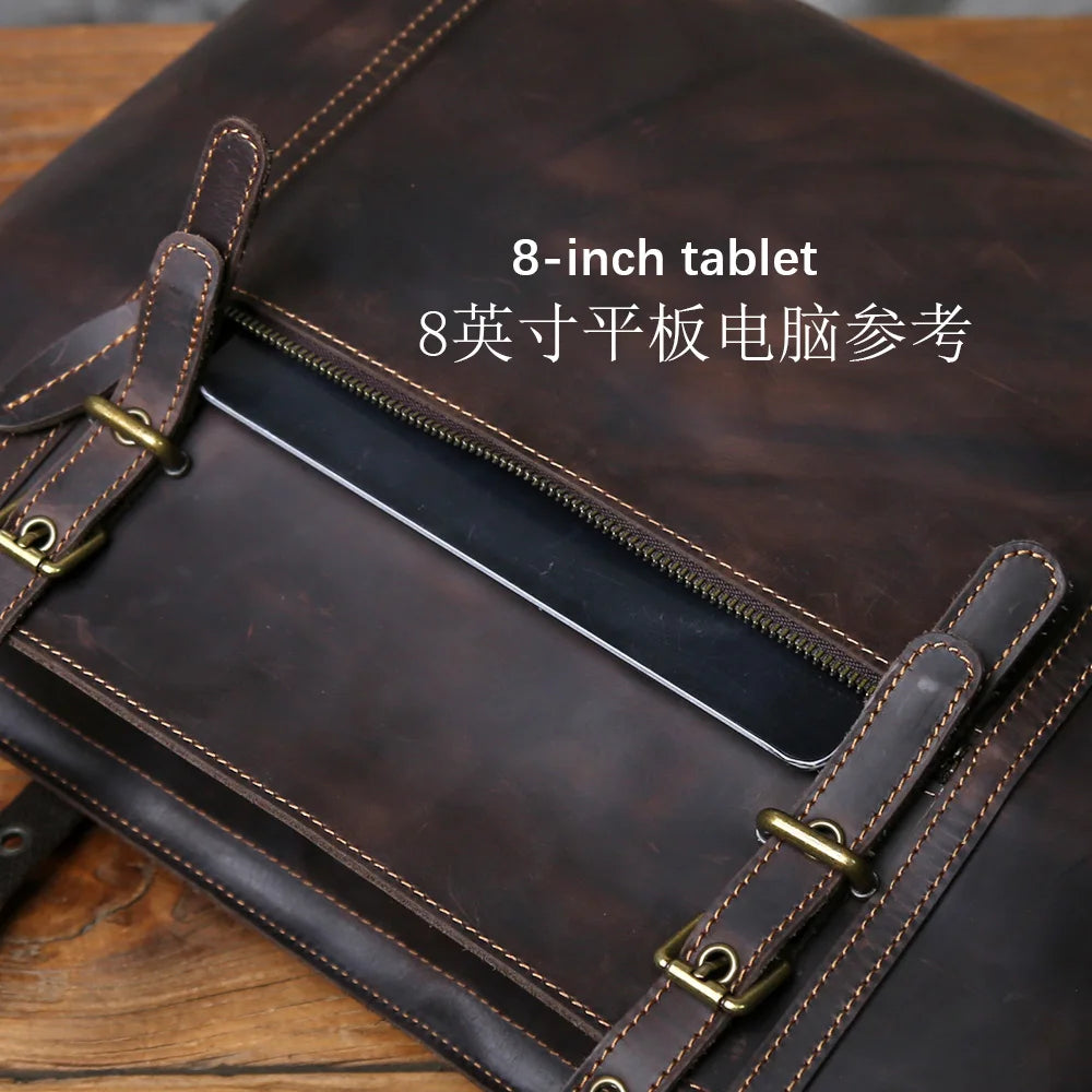NZPJ Vintage Genuine Leather Tote Bag Crazy Horse Leather Handheld Crossbody Bag Top-Grain Cowhide Briefcase for Men and Women
