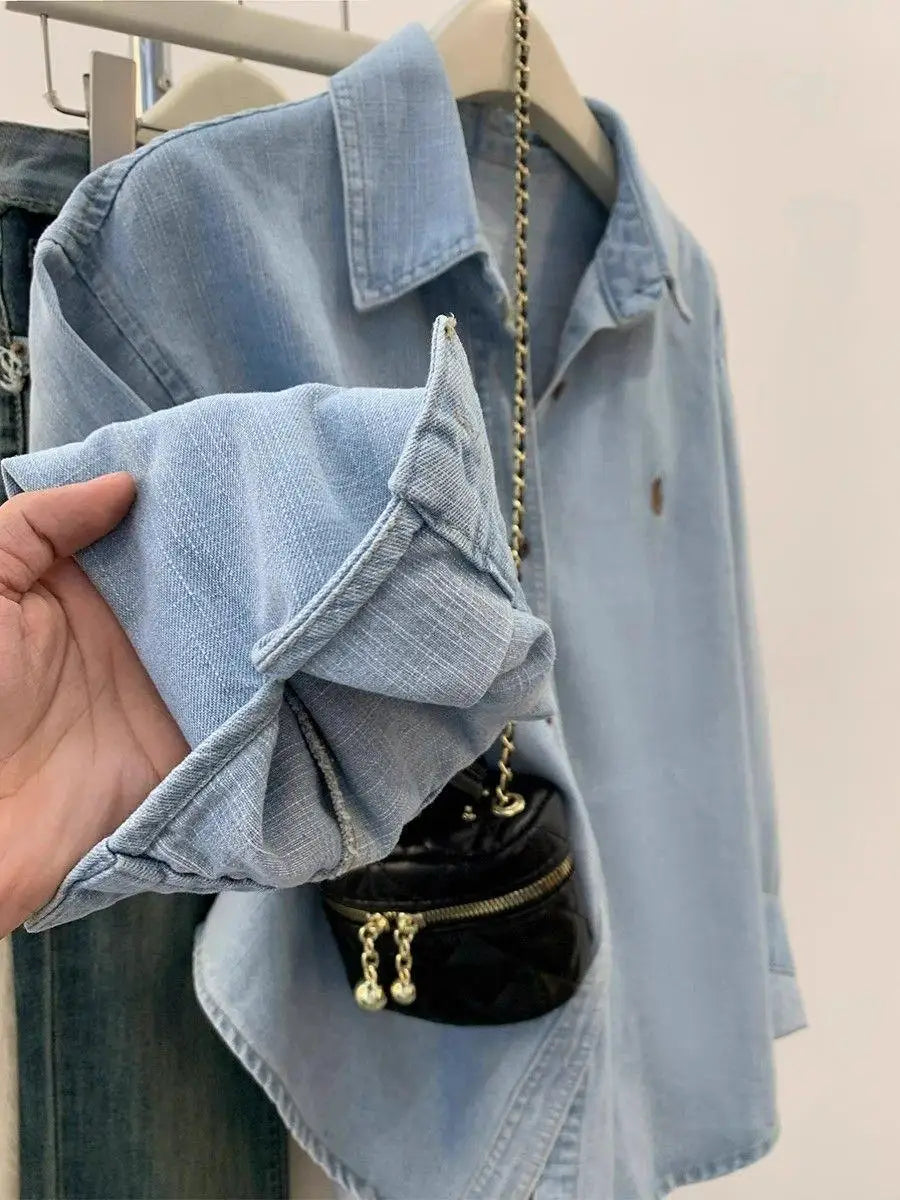 Retro Blue Shirt Women Early Spring Autumn Casual Long Sleeve Shoulder Bared Inner Wear Loose Outerwear Shirt Jacket