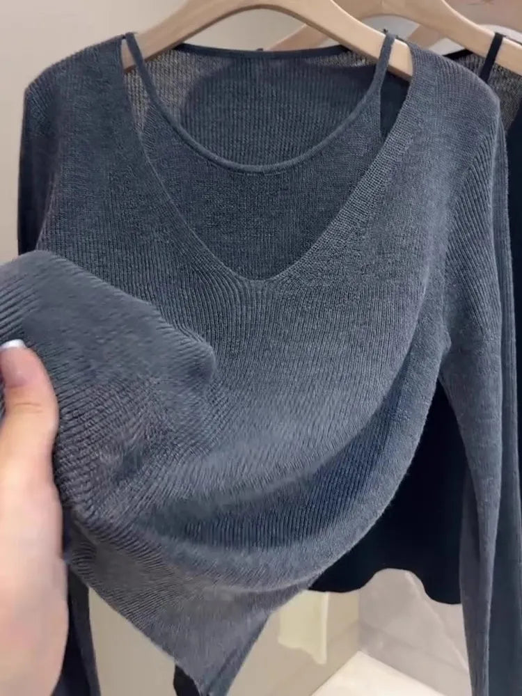 Ladies' Knitted Woolen Loose Fashionable Top Hollow out Fake Two-Piece Style Autumn New Arrival Comfortable Casual Korean Style