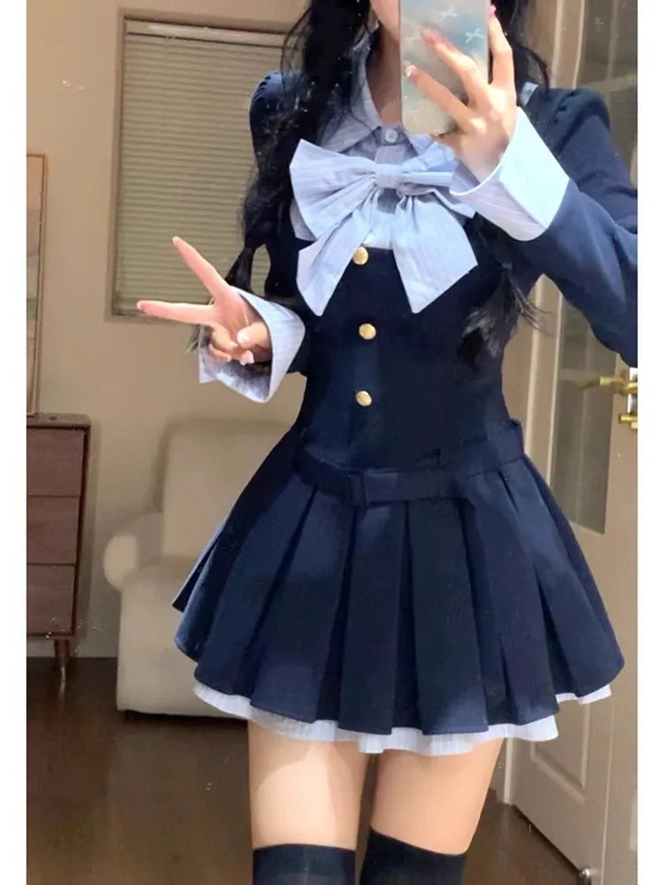 Fall Korean Style INS Dress Set Fake Two-Piece Polo Collar Long Sleeve Short Skirt A- Line Pleated Skirt Atmosphere Rich Girl