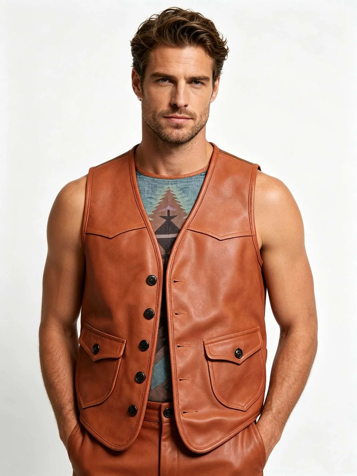 Orange Autumn Leather Vest Men Retro Style Plus Size 5XL Genuine Natural Cowhide Short Single Breasted Sleeveless Spliced Coat