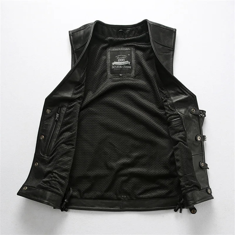 Black Spring Leather Vest Men Sports Style Plus Size 4XL Genuine Natural Cowhide Single Breasted Short Vest