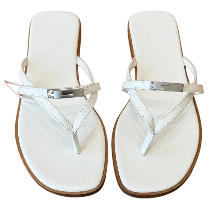 Summer 2026 Women's Casual Metal Lock Buckle Sandals Thong Slippers with Strap for Outdoor Beach Vacation Flat Heel Shoes