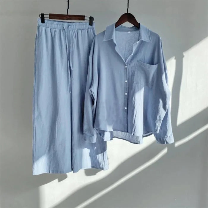 Retro Large Size Cotton Linen Shirt Set High Waist Loose Pants Two Piece Set Women's Clothing Casual Fashion Summer Season
