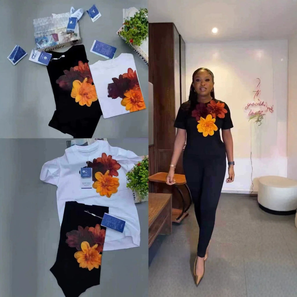 Loose Fit Embroidered Cotton T-Shirt Women's Shoulder Width round Neck Print Short Sleeve Cross-Border Half Sleeve Street Style