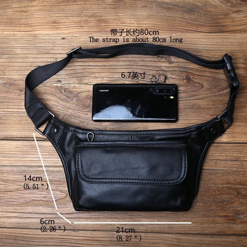 NZPJ Men's Genuine Leather Waist Bag First Layer Leather Casual Chest Bag Soft Leather One-shoulder Crossbody Bag Man Belt Pouch