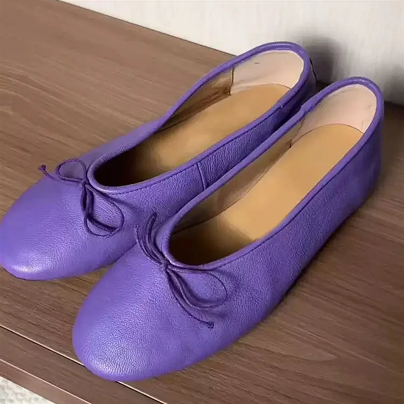 Soft Leather Purple Flat Ballet Flats Women's Shoes Gentle Lady Butterfly Knot Commuter round Toe Shoes Modern Minimalist Style
