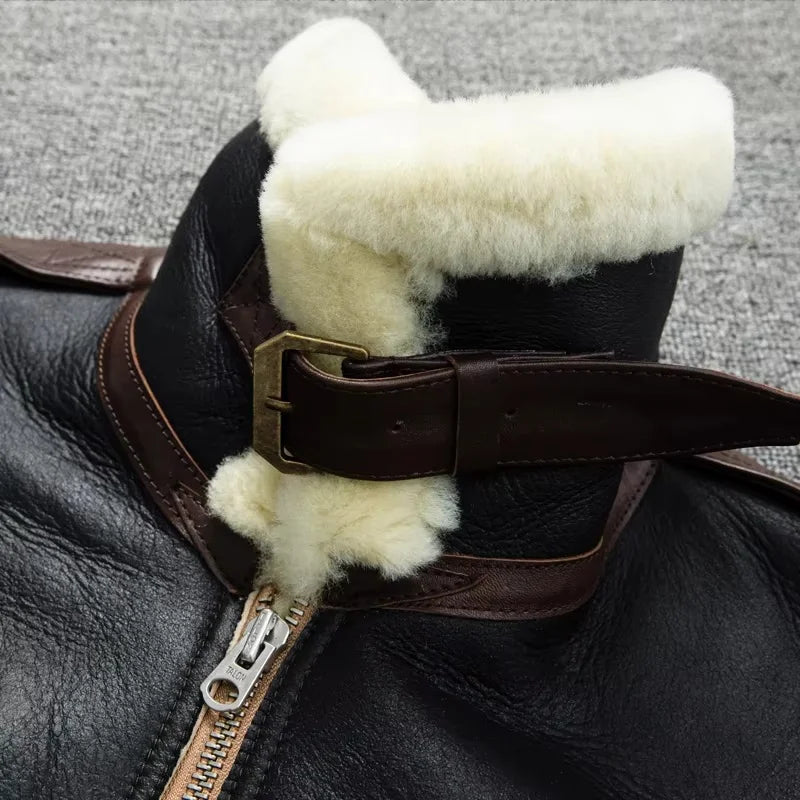 Men's Genuine Sheepskin Shearling Jacket A2 Flight Style Black Brown Fur Collar Winter Bomber Pilot Coat Thick Warm Jacket