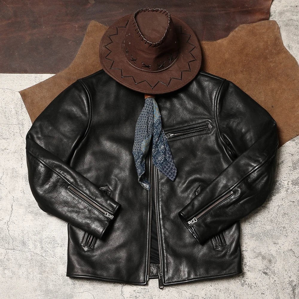 Black Winter Leather Jacket Men Sports Style Plus Size 4XL Genuine Natural Thick Cowhide Stand Collar Slim Fit Leather Coat