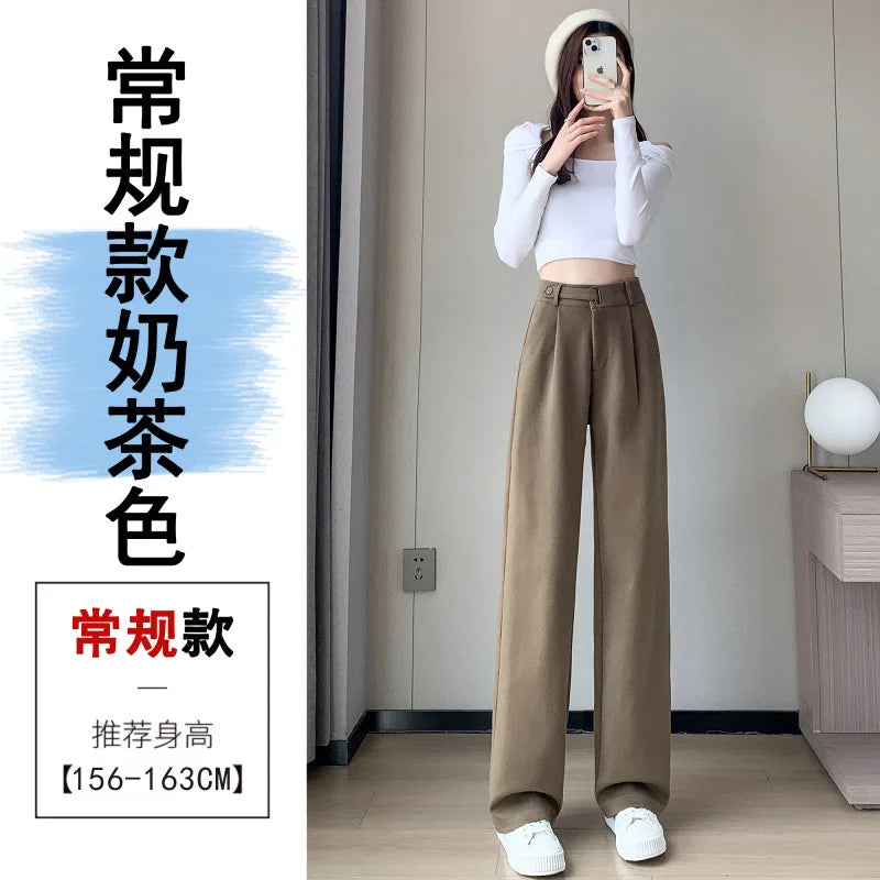 Thickened Fleece Lined Winter Wide Leg Pants High Waist Floor Length Straight Cut Casual Trousers for Women Woolen Suiting
