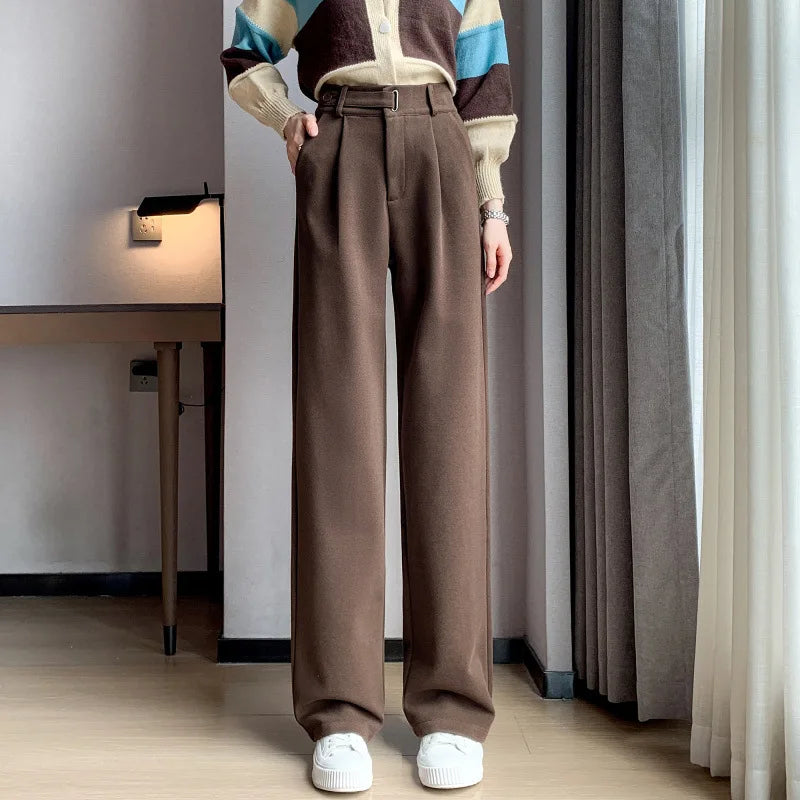 Thickened Fleece Lined Winter Wide Leg Pants High Waist Floor Length Straight Cut Casual Trousers for Women Woolen Suiting