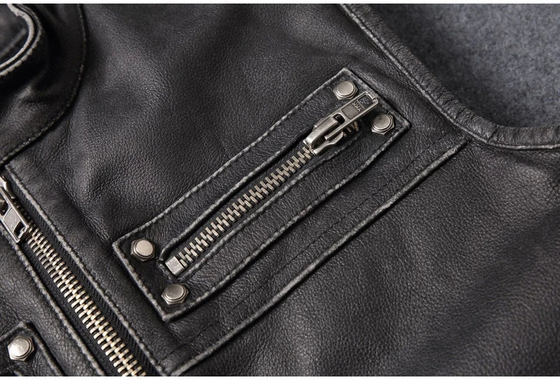 Black Four Seasons Leather Vest Men Vintage Style Plus Size 4XL Genuine Natural Cowhide Stand Collar Rivets Vest