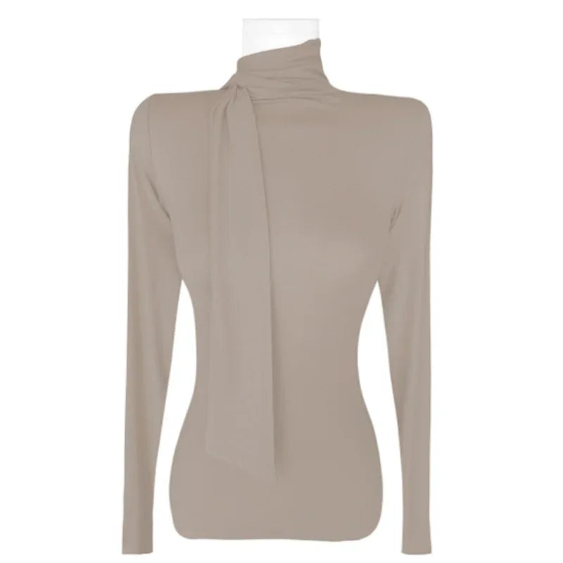 Korean Style Women's Long Sleeve T-Shirt Bow Design Halter Neck Slim Fit Comfortable Base Shirt Cotton Spring Summer Top