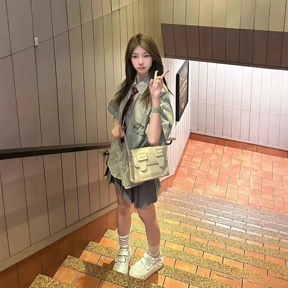 Loose Women's Green Striped Short Sleeve Shirt Korean College Style Summer 2025 Casual Sweet JK Top Polyester Cotton Blend