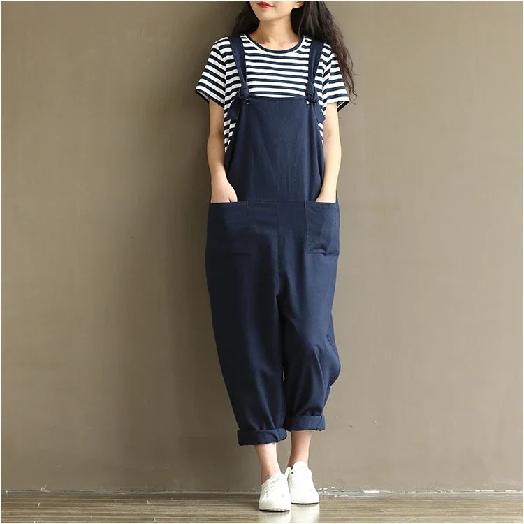 Artistic Vintage Deep Blues Cotton Strap Casual Trousers Women's 1701 European American Style