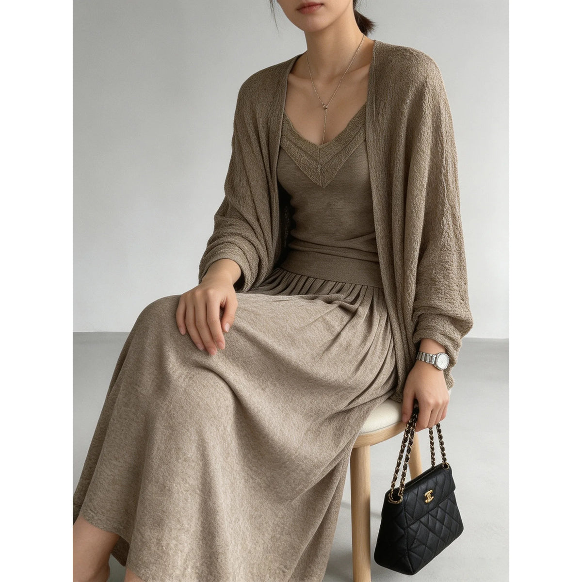 Loose Knitted Three-Piece Set V-Neck Sleeveless Top with Belt And Long Skirt Elegant Draped Feel Casual Wear for Women