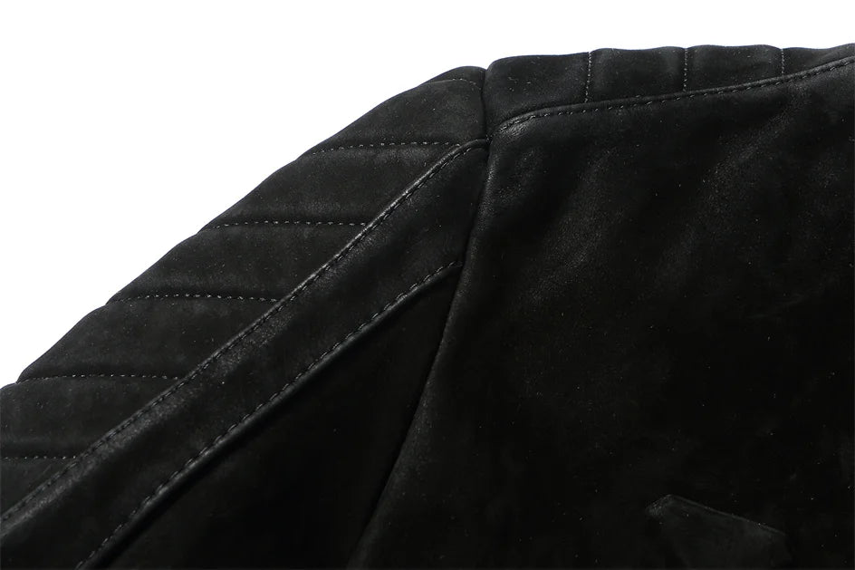 Black Winter Leather Jacket Men Vintage Style Plus Size 3XL Genuine Natural Thick Cow Suede Stand Collar Skulls Pattern Coat