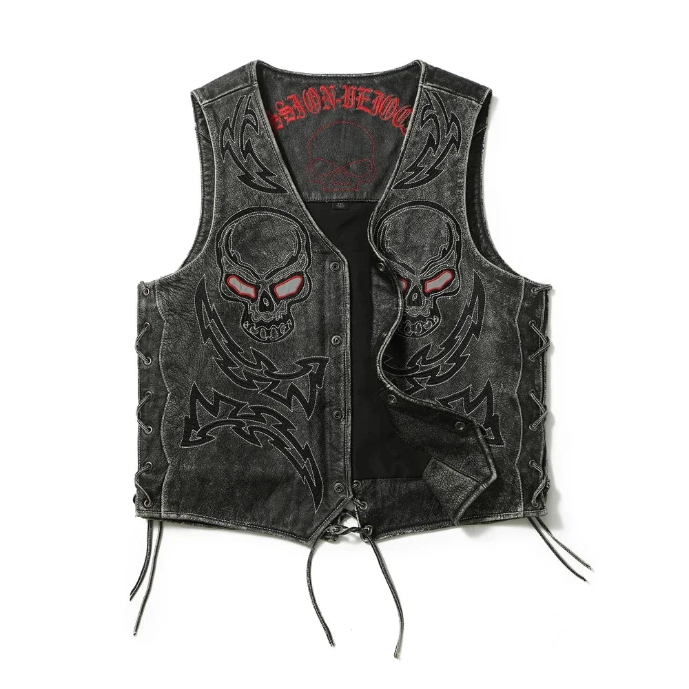 Black Spring Leather Vest Men Skull Embroidery Retro Style Plus Size 5XL Genuine Natural Cowhide Single Breasted Sleeveless Coat
