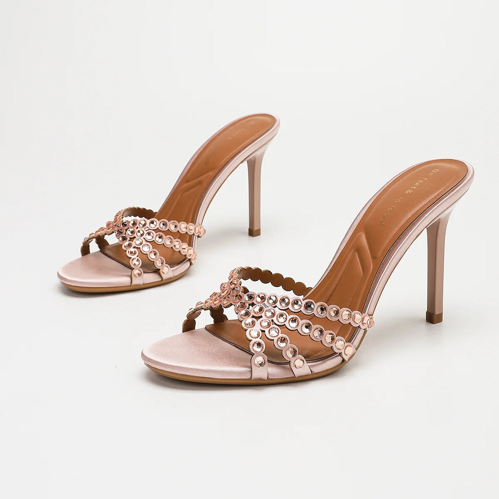 Fashionable Diamond Strap High Heels Sandals Women's Summer Party Shoes Fine Heel Versatile Elegant Ladies' Slip-On Slippers