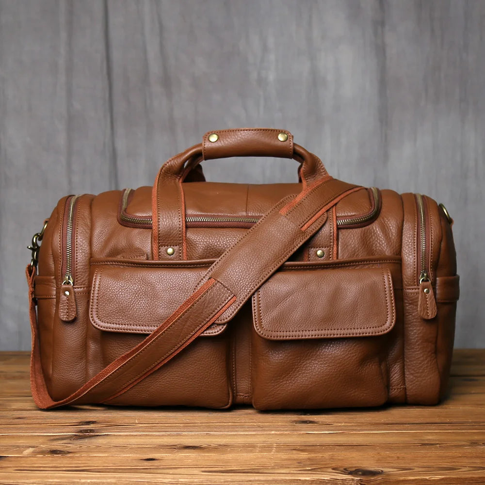 NZPJ Retro Men's Hand Luggage Bag Leather Travel Bag Top Layer Cowhide Large Capacity One Shoulder Messenger Bag Casual Laptop