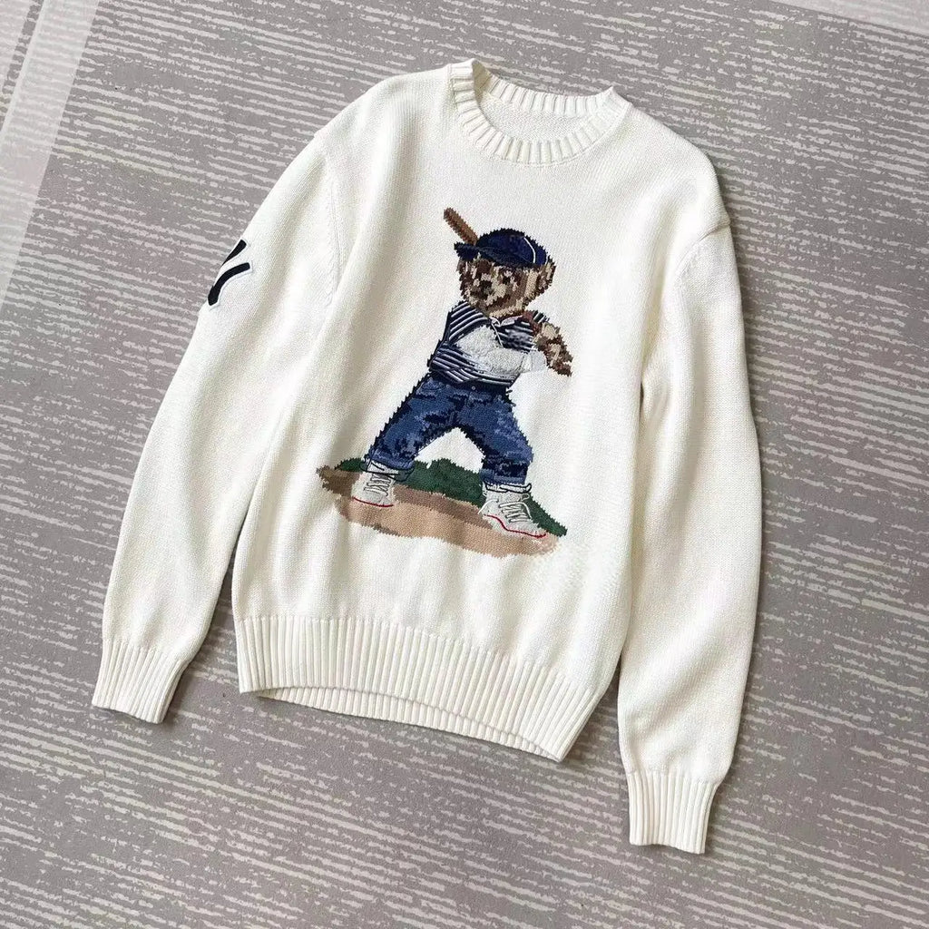 Yankees Baseball Bear Sweater Thick Knitted Cotton Linen Blend Long Sleeve round Neck Embroidered 3D Cartoon Casual Style