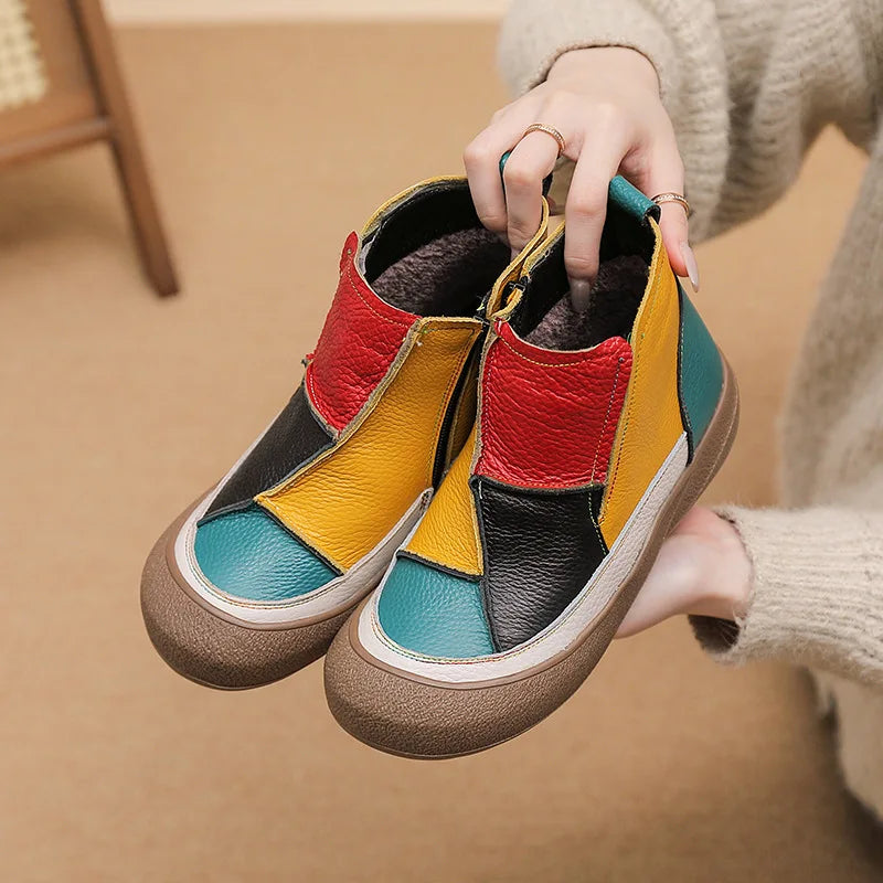 Comfortable Casual Women's Short Boots Spring Autumn Winter Seasonal Wear Breathable Warm Leather Slip-On Shoes Color Block D...