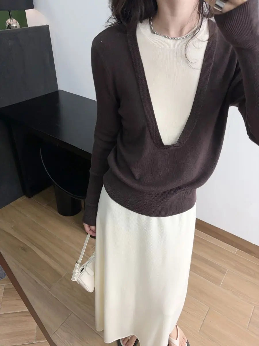 Andy Velvet Washed Large U-Neck Layered Slim Fit Knitwear Design Sensation Color Block Autumn Winter Top Polo Collar Sleeveless