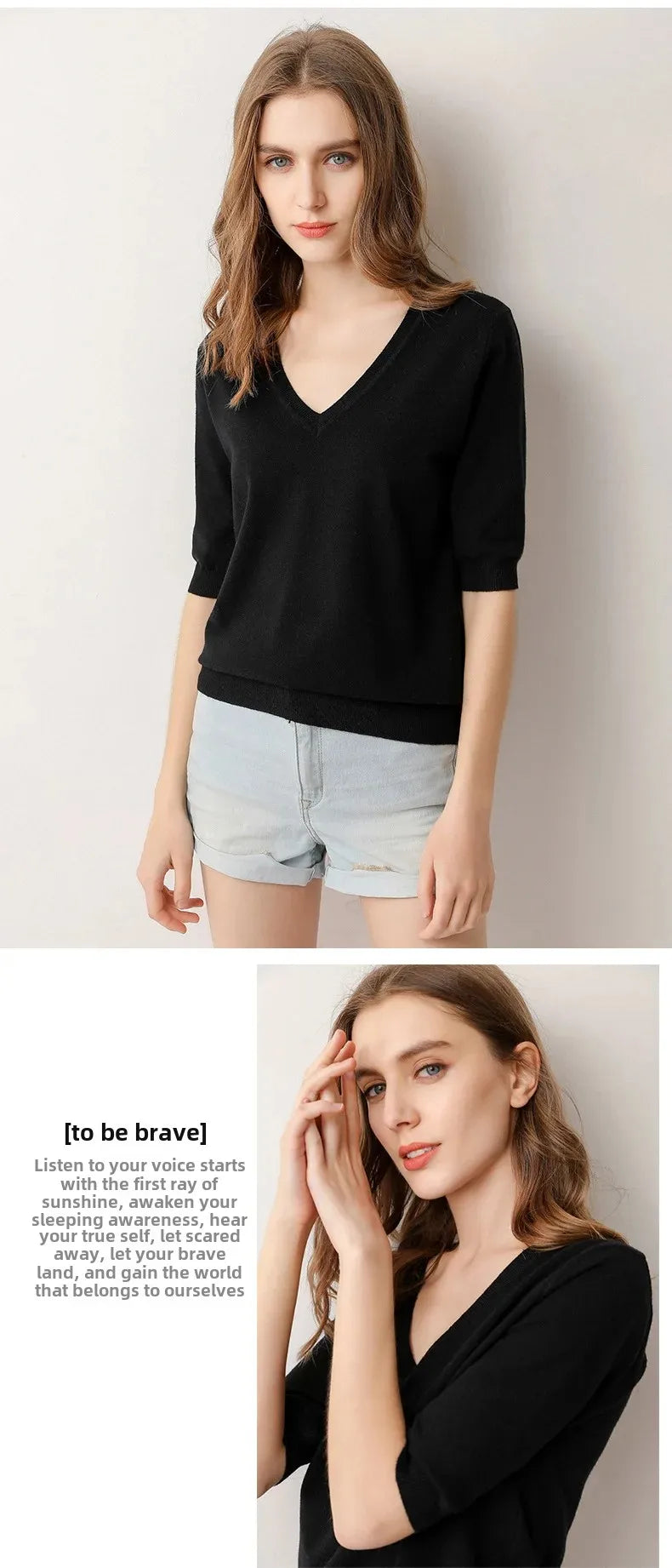 Spring Autumn New Style V-Neck Thin Knitted Loose Short Sleeve Women's T-Shirt Thin Summer Top Comfortable Base Layer Shirt