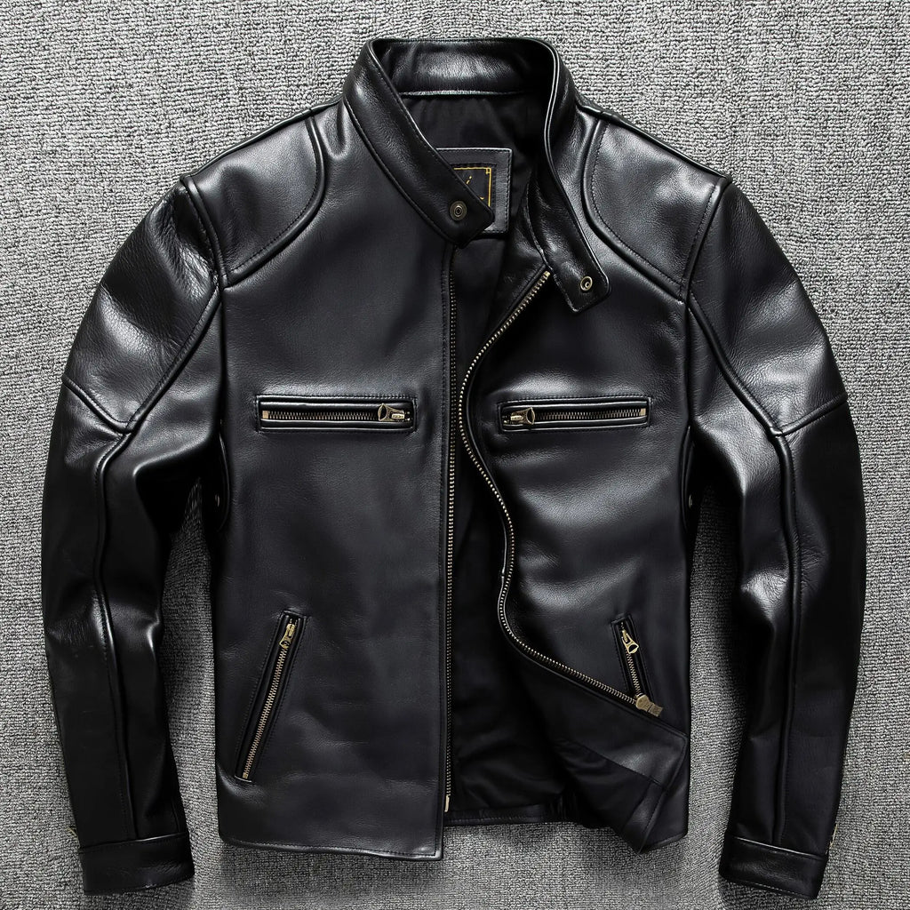 Black Autumn Leather Jacket Men Retro Style Plus Size 6XL Genuine Natural Cowhide Stand Collar J100 Motorcycle Sports Coat