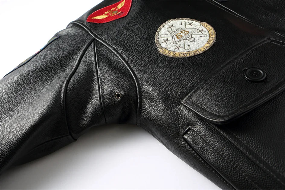 Black Winter Leather Jacket Men Retro Style Europe Size Genuine Natural Thick Cowhide Turn-Down Collar G1 Flight Coat