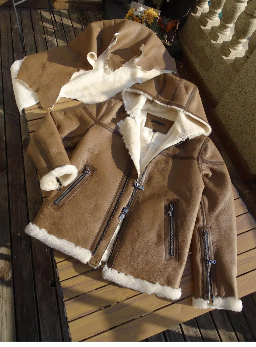 Brown Winter Hooded Shearling Jacket Men Casual Style Plus Size 5XL Genuine Natural Thick Sheepskin Warm Leather Coat