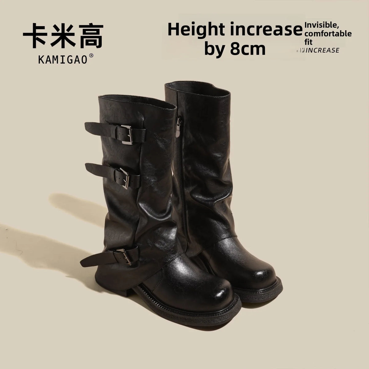 Women's Knight Long Boots 8cm Heightening Thick Bottom Belt Buckle High Tube Motorcycle Boots Autumn New Style Retro round Toe