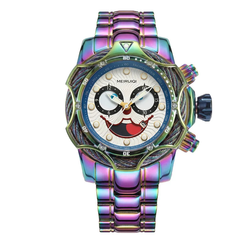 4pc Men's Iridescent Clown Face Metal Band Bold Crystal-studded Sunglasses Perfume Mechanical Watch Gift Box Set for Party