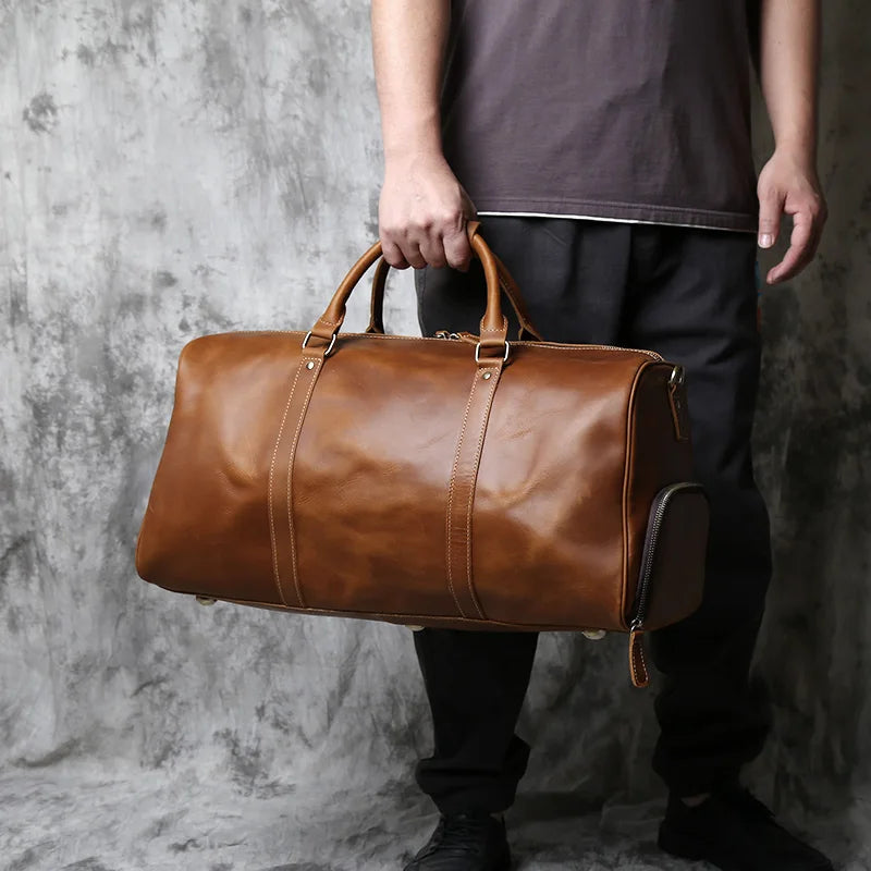 NZPJ Vintage Genuine Leather Men's Travel Bag Large Capacity Luggage Bag Crazy Horse Leather Handbag Natural Cowhide Crossbody