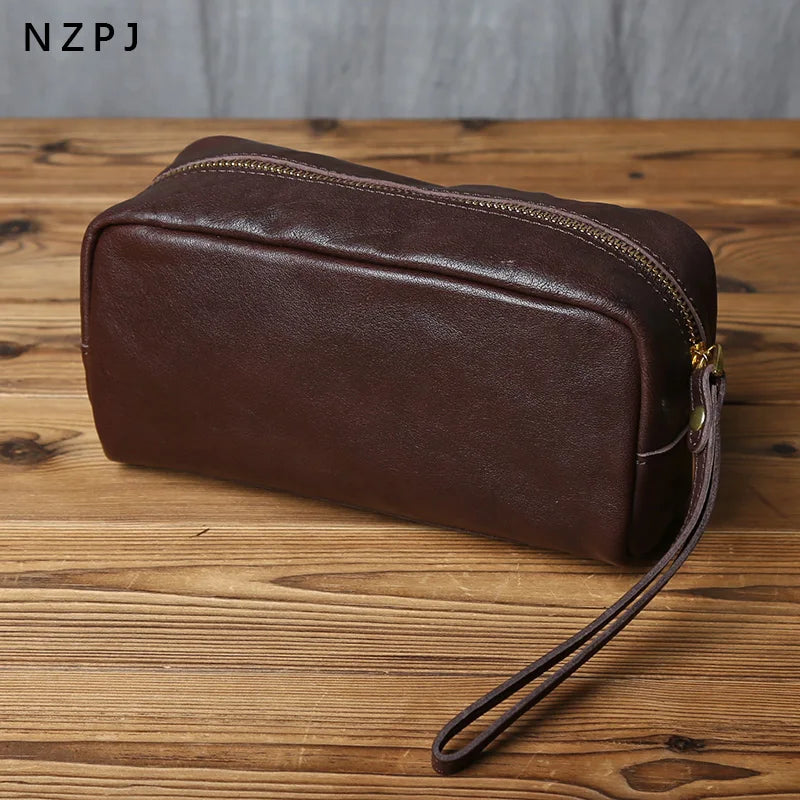 NZPJ Genuine Leather Men's Clutch Bag Top-Grade Cowhide Large-Capacity Wallet Casual Mobile Phone Pouch Card Bag