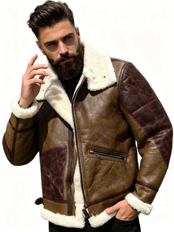 Men's B-3 Bomber Shearling Jacket Brown Black Two-Tone Genuine Leather Winter Warm Flight Pilot Coat Vintage Spliced