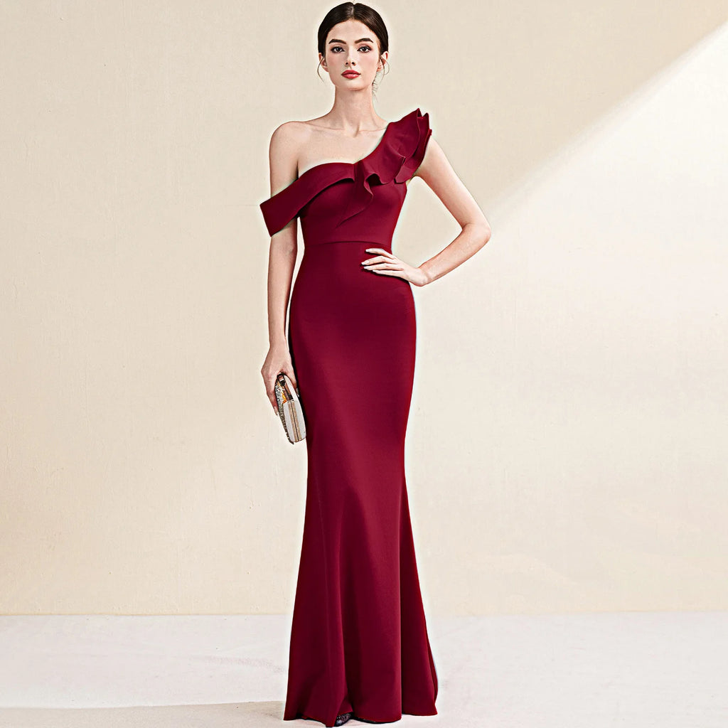 Elegant Evening Gown Slimming Fish Tail Dress Fashionable Shoulder Bared Polyester Long Sleeve High Waist Party Dress