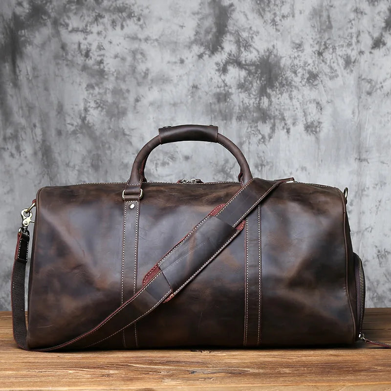 NZPJ Vintage Genuine Leather Men's Travel Bag Large Capacity Luggage Bag Crazy Horse Leather Handbag Natural Cowhide Crossbody