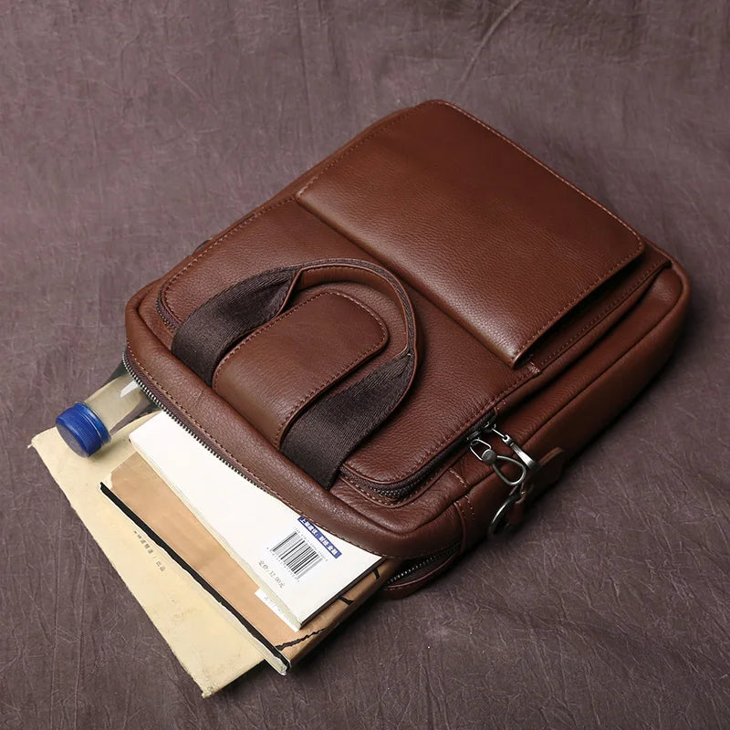 New Leather Men's Handbag Top Layer Cowhide Vertical Briefcase Retro Men's One-Shoulder Messenger Bag 12 Inch Ipad Bag NZPJ