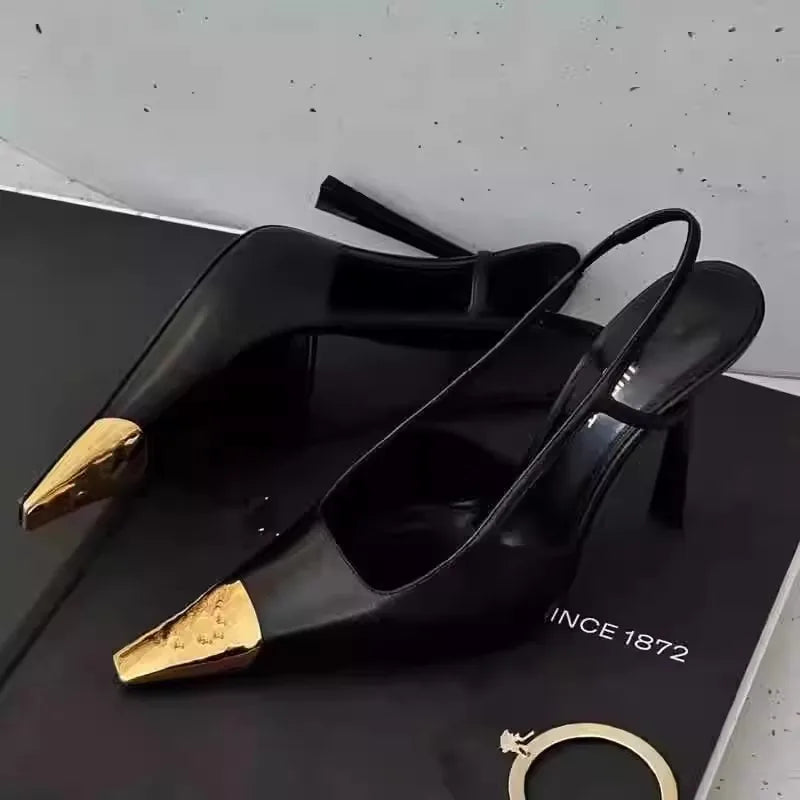 Metallic Square Toe High Heels Black Low Cut Single Shoes Versatile for Autumn Winter Season Sexy Style Fastest Shipping Avai...