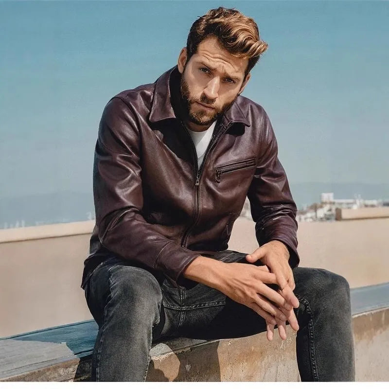 Dark Brown Spring Leather Jacket Men Casual Style Plus Size 4XL Genuine Natural Sheepskin Turn-Down Collar Slim Fit Retro Coat