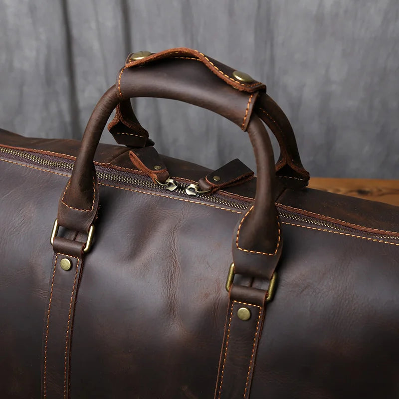 NZPJ Vintage Genuine Leather Men's Travel Bag Large Capacity Crazy Horse Leather Handbag Natural Cowhide Shoulder Crossbody Bag